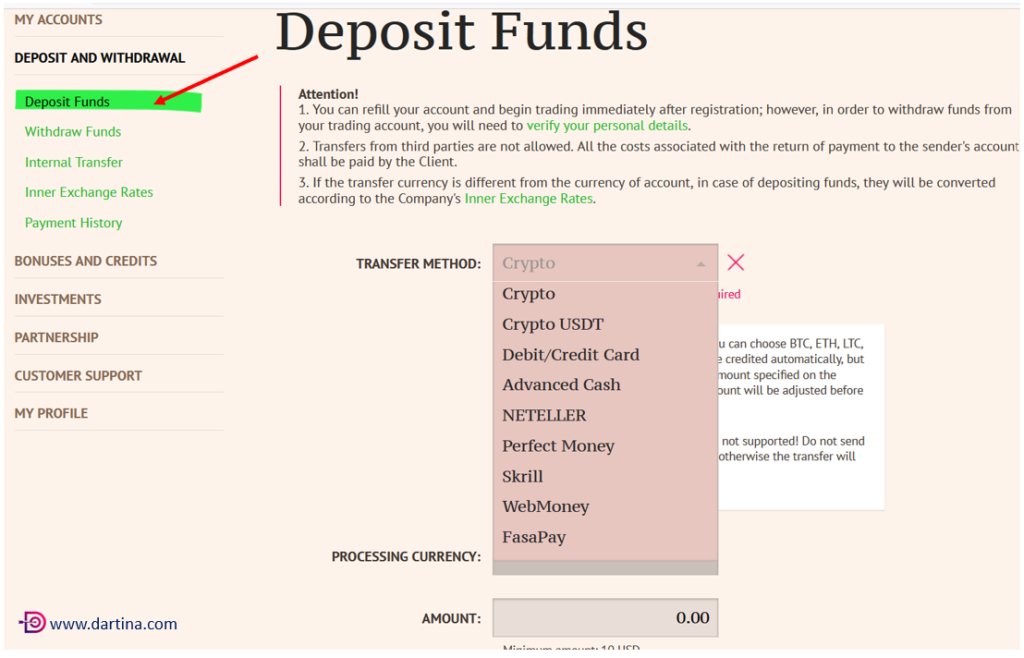 Deposit and withdrawal in Forex Chief Broker